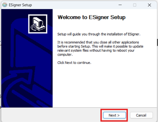 Màn hình chào mừng ESigner Setup