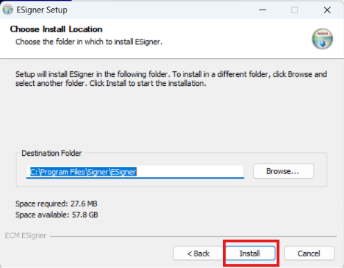 Màn hình chọn thư mục và nút Install